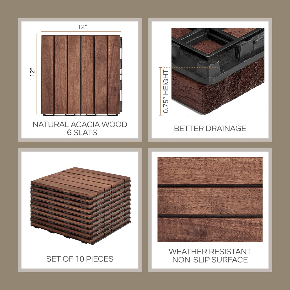 THYOI 10PCS 6 Slats Wood Deck Tiles, 12"x12" Interlocking Deck Tiles, Water Resistant for Indoor & Outdoor, Balcony Flooring, Square Joint (Dark Brown - Normal Base) THYOI