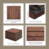 THYOI 10PCS 6 Slats Wood Deck Tiles, 12"x12" Interlocking Deck Tiles, Water Resistant for Indoor & Outdoor, Balcony Flooring, Square Joint (Dark Brown - Normal Base) THYOI