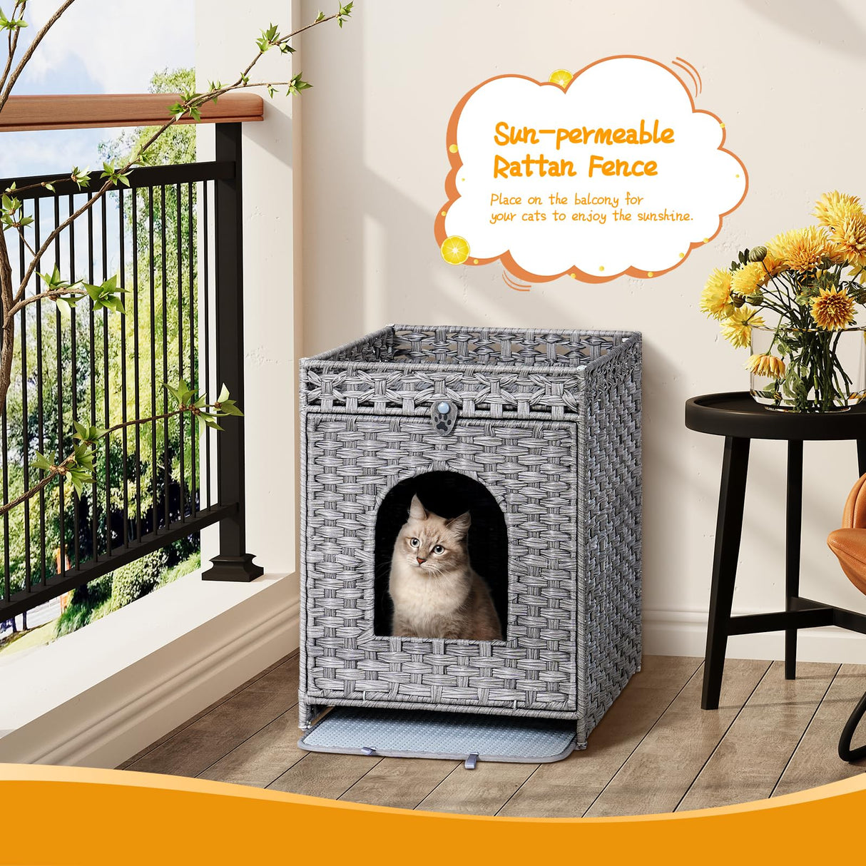 Snughome Cat Litter Box Enclosure with Cat Litter Mat, Hidden Cat Washroom Furniture with Door, Handwoven Rattan Cat Washroom Box, Indoor Pet House Storage for Living Room, Bedroom, Balcony (Grey) Snughome