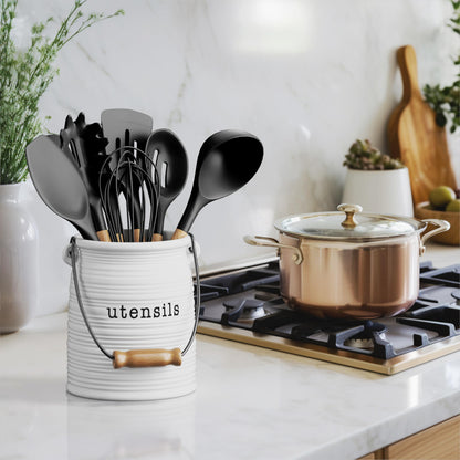 Barnyard Designs Ceramic Farmhouse Kitchen Utensil Holder for Countertop, Decorative Large Kitchen Utensil Holder for Kitchen Counter, Utensil Crock Spatula Holder, 6" White - WoodArtSupply