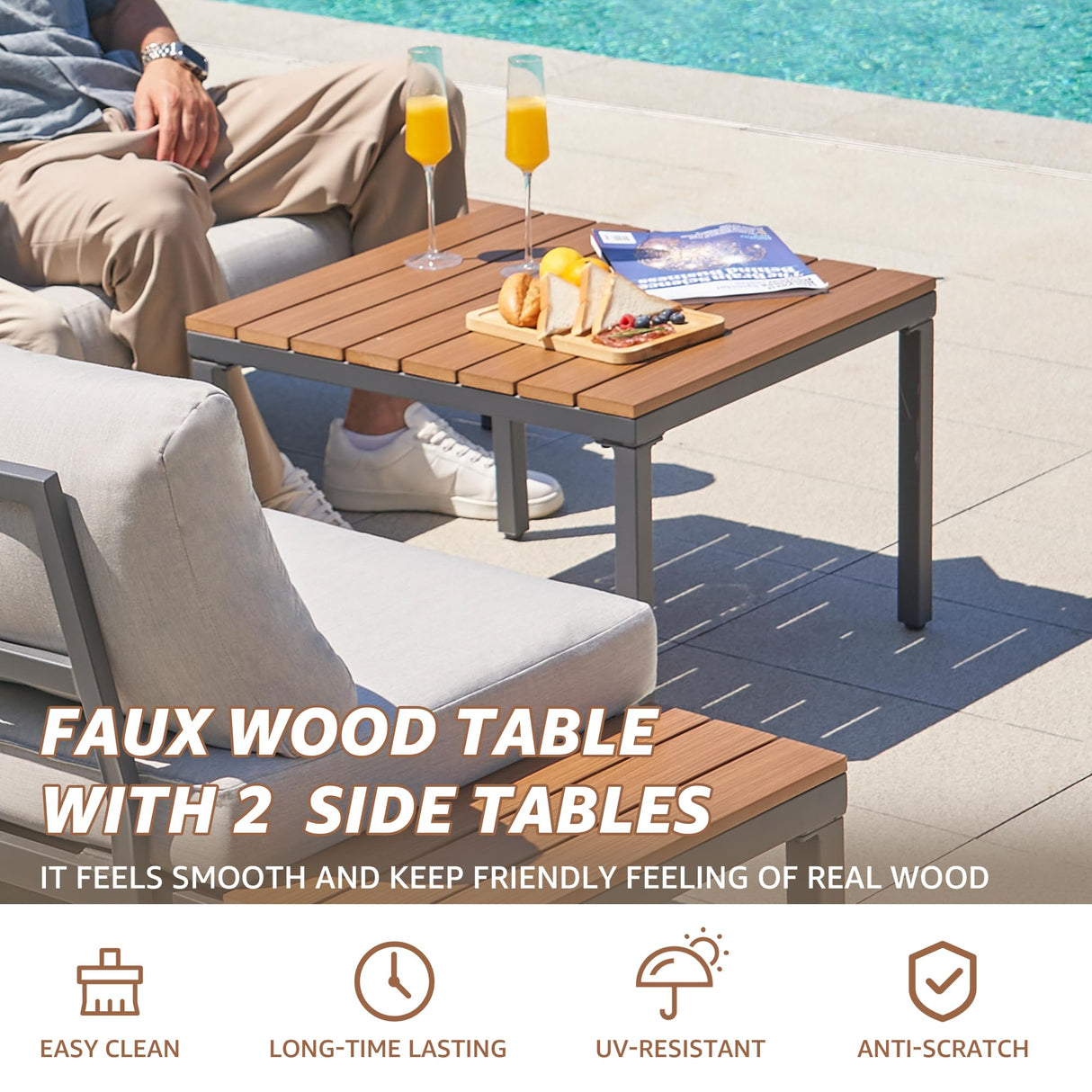 NATURAL EXPRESSIONS Patio Furniture Sets, L Shape Patio Sectional Metal Outdoor Sectional Corner Sofa Outdoor Couch with Detachable Backrest,3 Fauxwood Tables,5” Grey Olefin Cushions NATURAL EXPRESSIONS