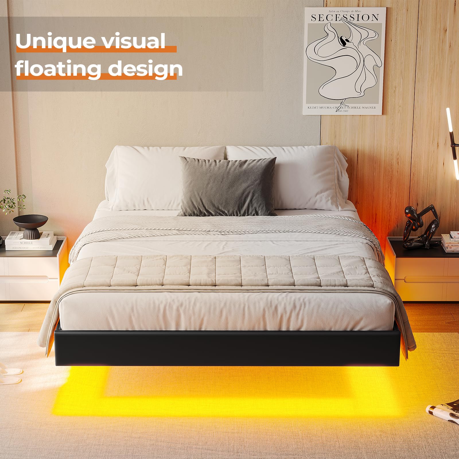 Hasuit Floating Full Size Bed Frame with LED Lights - Upholstered Platform Design in Black - WoodArtSupply