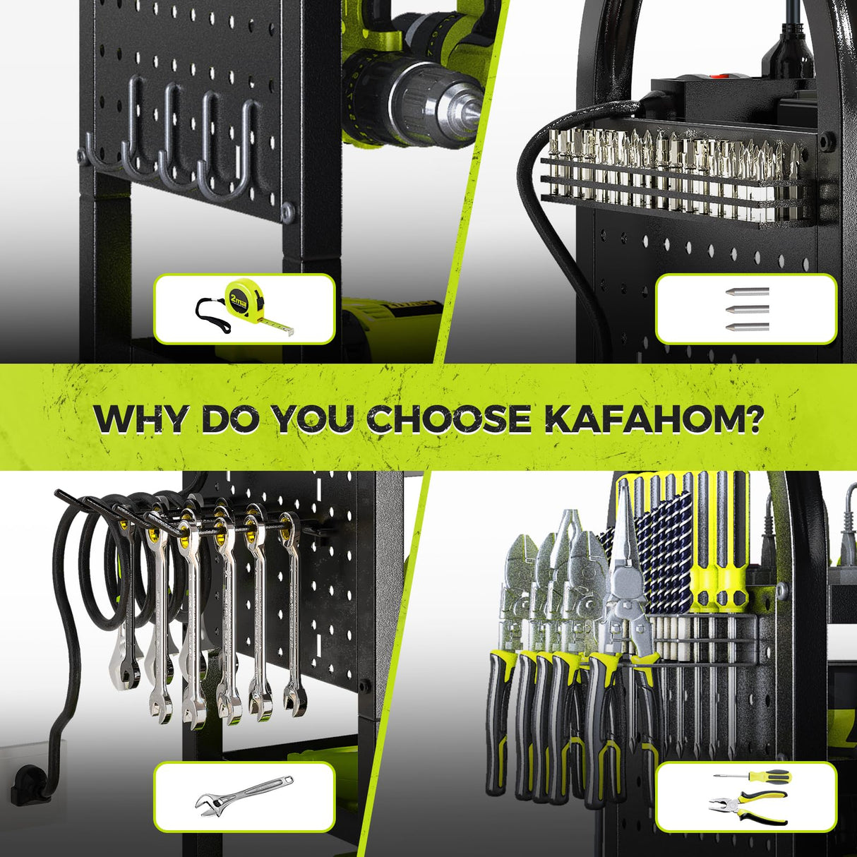 KAFAHOM Power Tool Organizer Cart with Charging Station,Garage Floor Rolling Storage on Wheels for Mechanic,Mobile 8 Drill Holder, Utility Cart with Battery Charging 8 Outlet Power Strip KAFAHOM