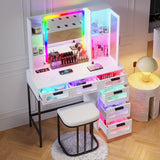 HNEBC RGB Vanity Desk with Mirror and Lights, LED Vanity Makeup Desk with USB/Wireless Charger Station, Vanities Dressing Table Sets with 6 Drawers/Cabins/Stool/Shelves for Bedroom&Cloakroom(White) HNEBC