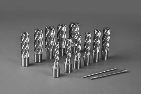 Annular Cutter Set 13 pcs JESTUOUS 3/4 Inch Weldon Shank 2 Cutting Depth and Cutting Diameter from 7/16 to 1-1/16 for Drill Press HSS Standard Kit Two Flat with 2 Pilot Pins JESTUOUS