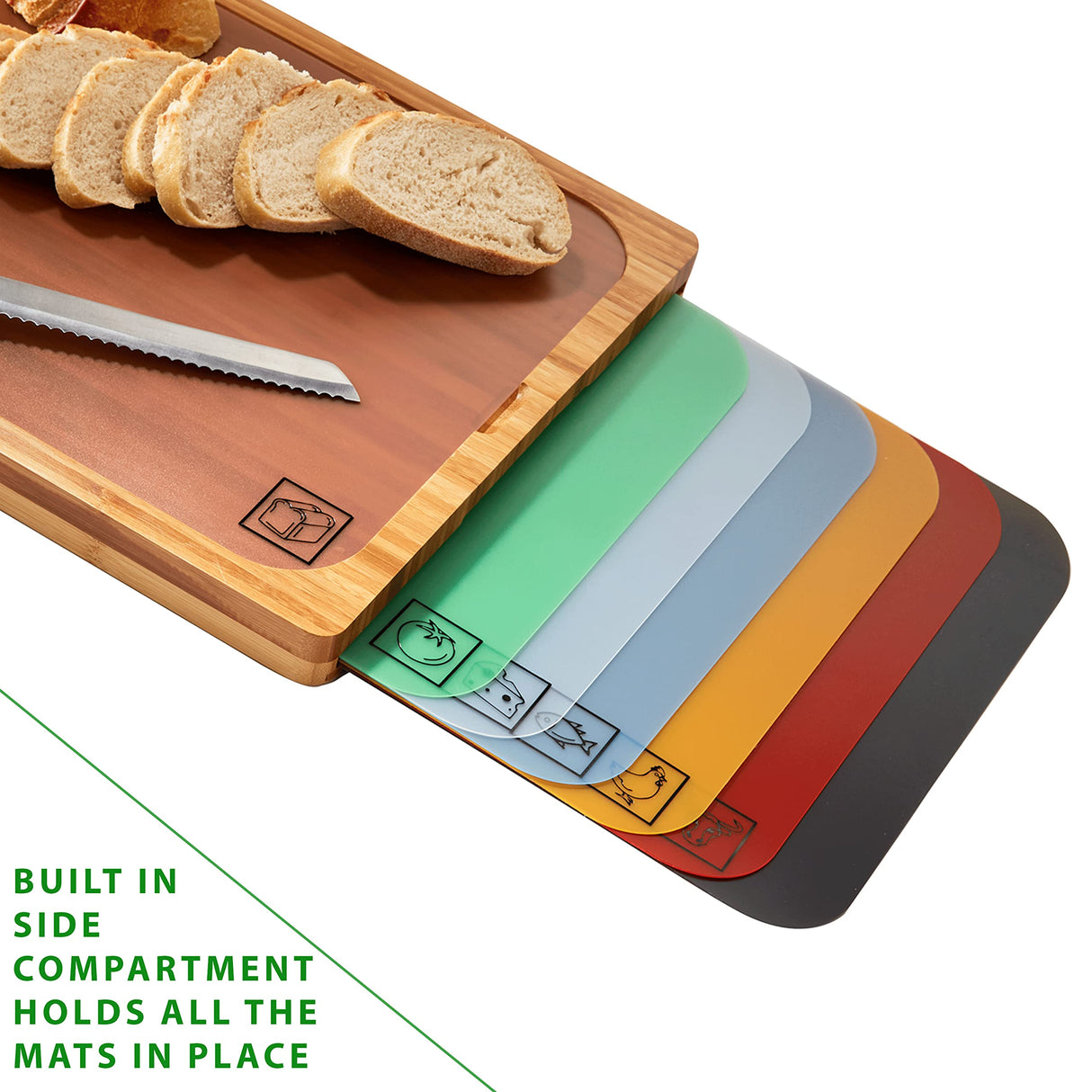 Seville Classics Bamboo Premium Wood Cutting Board Serving Tray w/ 7 Color-Coded BPA-Free Mats, for Chopping Bread, Cheese, Fruits, Vegetables, Meats, Charcuterie (PATENTED), Bamboo (NEW MODEL) Seville Classics