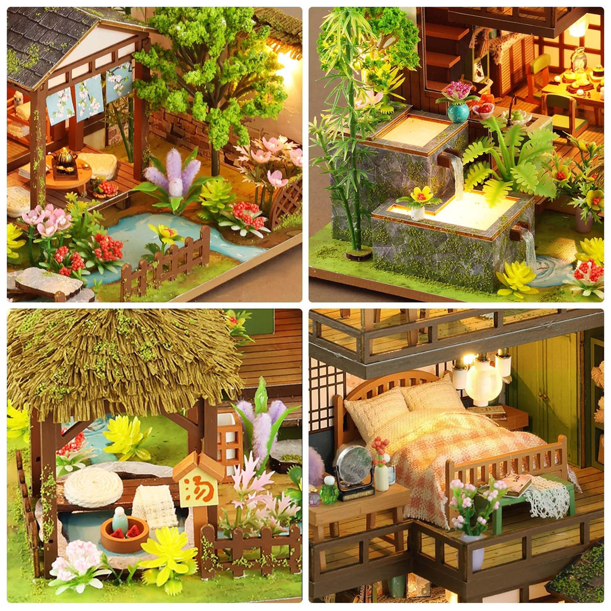 Foyucool Miniature House Kit, Tiny House Kit with Light, DIY Mini House Building Kits for Adults to Building, Unique Gift for Birthday Christmas, Bamboo Spring Courtyard Foyucool