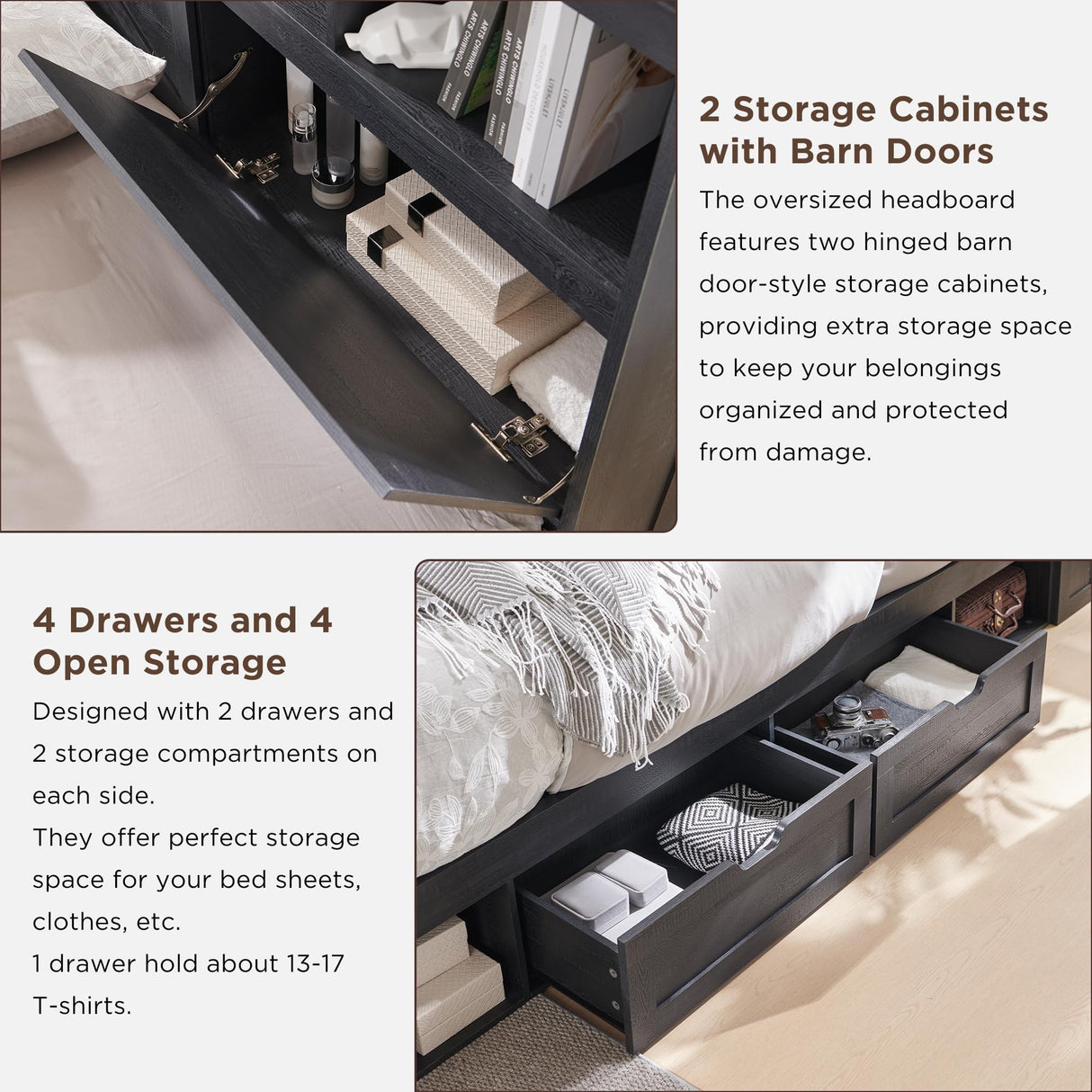 ACCOHOHO King Size Wood Bed Frame Farmhouse with 52" Tall Storage Bookcase Headboard, LED Light,Charging Station,4 Drawers and Solid Wood Slats Support,Noiseless,No Box Spring Needed - Black ACCOHOHO