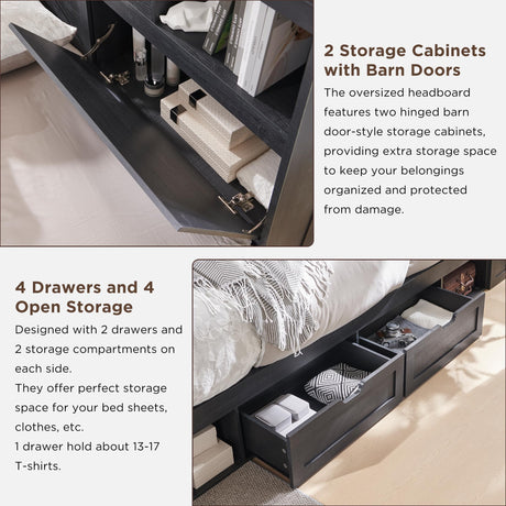 ACCOHOHO King Size Wood Bed Frame Farmhouse with 52" Tall Storage Bookcase Headboard, LED Light,Charging Station,4 Drawers and Solid Wood Slats Support,Noiseless,No Box Spring Needed - Black ACCOHOHO