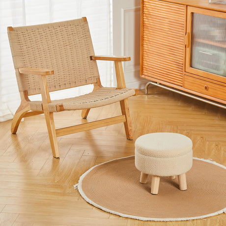 Wimarsbon Storage Ottoman, Modern Round Footrest with Soft Padded Seat, Teddy Velvet Footstool with Wood Legs, Accent Small Table or Plant Stand for Hallway, Living Room (Off-White) Wimarsbon