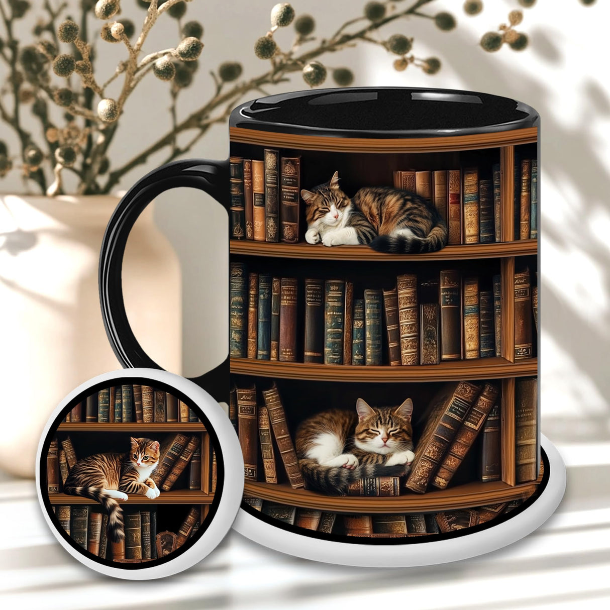 YIDAJI Bookshelf Gift - Cat Bookshelf Mug - Gifts For Women - Unique Gift For Book Lover, Reader, Librarian, Writer - Birthday Gift Idea For Cat Lover, Owner Cat - Book Mug, Coaster, Keychain YIDAJI