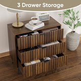 Smart FENDEE Fluted 3 Drawers Dresser, 31.5“ W Mid- Century Modern Wooden Chest of Drawers, Large Night Stand Organizer for Bedroom, Closet, Hallway, Entryway, Walnut Smart FENDEE