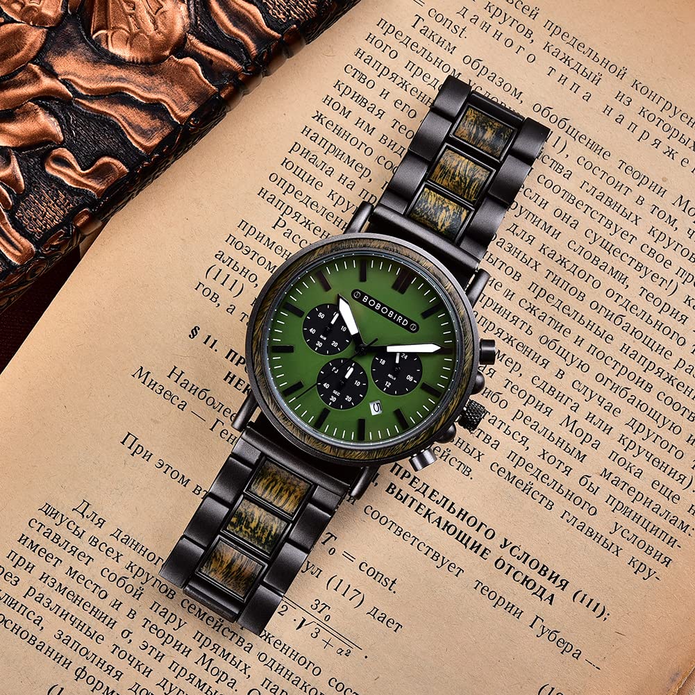 2win Engraved Wooden Watch Stylish Green Dial Design Personalized Wood Watches for Men Husband Boyfriend Fiancé Dad Customized Anniversary Birthday Watch (Custom Box Photo) 2win