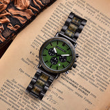 2win Engraved Wooden Watch Stylish Green Dial Design Personalized Wood Watches for Men Husband Boyfriend Fiancé Dad Customized Anniversary Birthday Watch (Custom Box Photo) 2win
