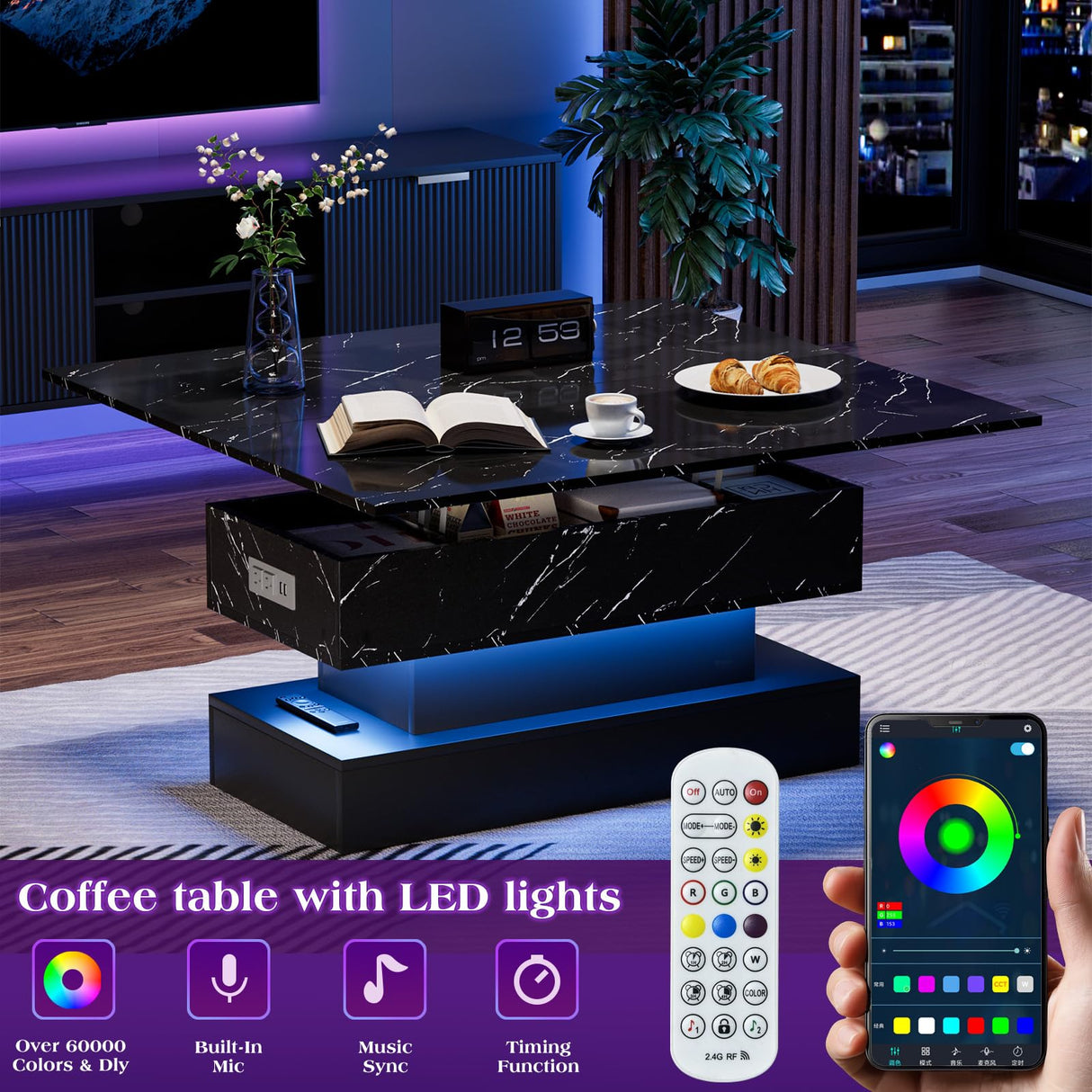 SYESWAY Lift Top Coffee Table with Charging Station, Modern High Glossy Coffee Table with LED Light, 3 in 1 Multifunctional Coffee Table with Storage & Hidden Compartments for Living Room, Black SYESWAY