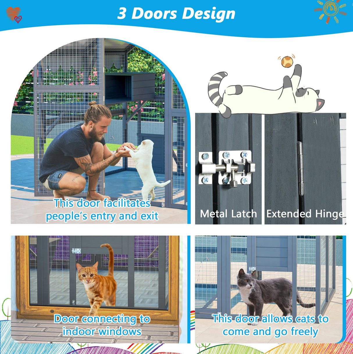 74" Large Wooden Outdoor Cat Catio Enclosure, 6×4ft Walk in Cats House Outside, Cat Shelter Kitty Cage with Sleeping Houses, Bridges, Walking Paths, 3 Doors, Weatherproof Cover Hohuqeri