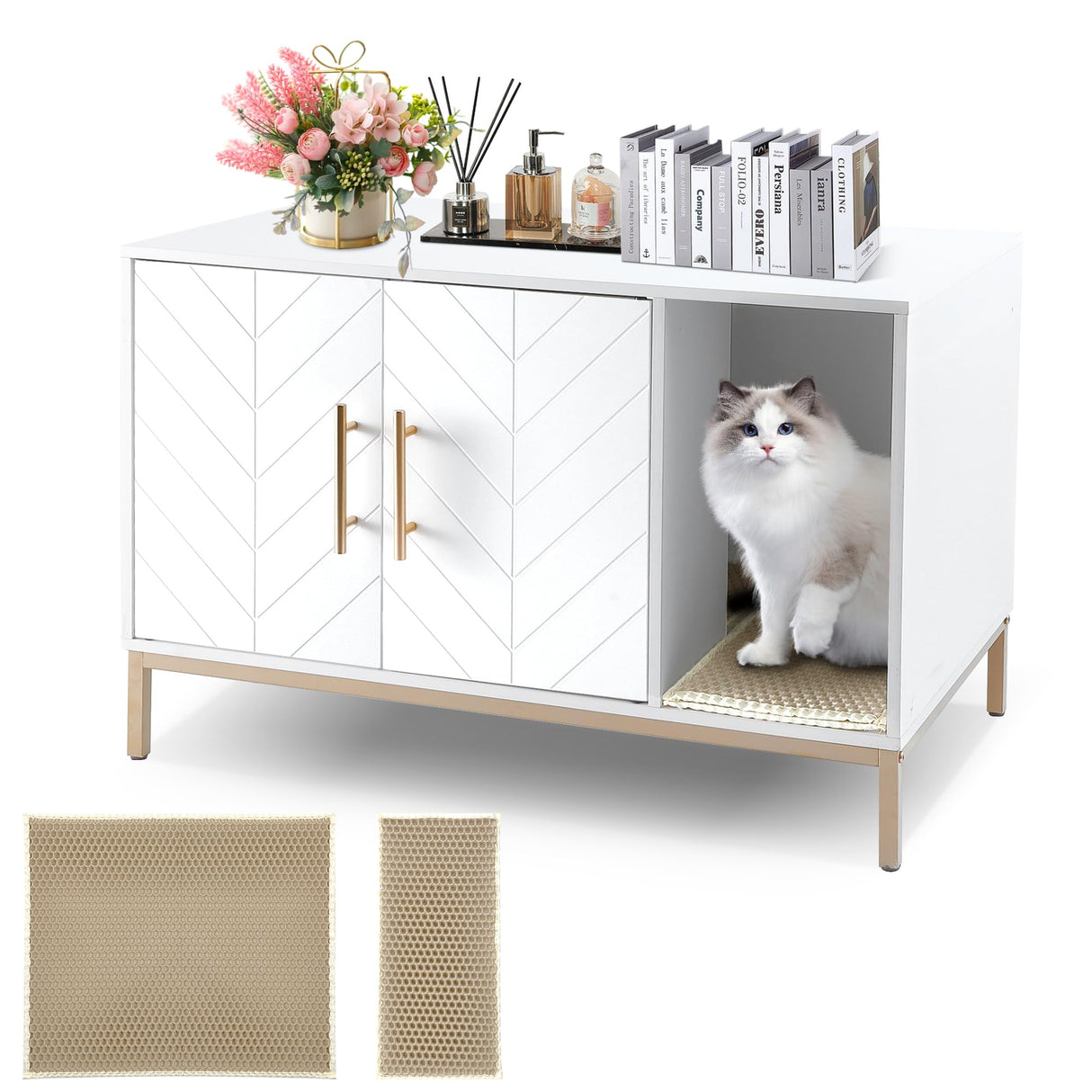 Hersinsem Cat Litter Box Enclosure Furniture with Double-Layer Litter Mat,Designer-Crafted Litter Box Furniture,Hidden Litter Box Serve as Side End Table&TV Table Fits Most Litter Boxes HERSINSEM