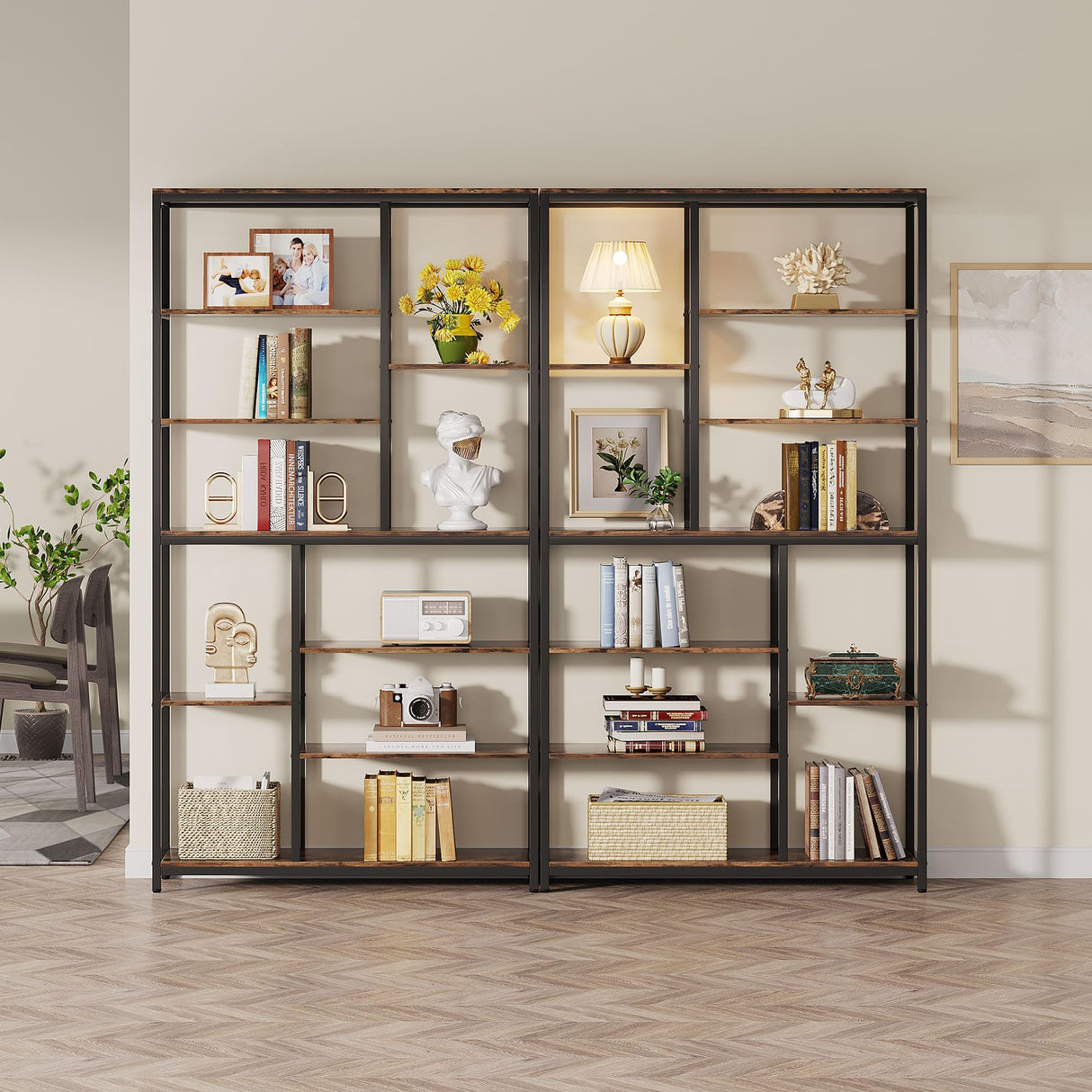 Tribesigns 79-Inch Tall Staggered Bookshelf, Industrial Bookcase with 8 Open Shelves, Wood and Metal Etagere Display Shelf for Living Room, Home and Office Tribesigns