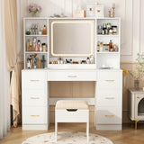 jiteentarou 47" Large Vanity Desk with Mirror and Lights, LED White Vanity Set with Stool and Power Outlet, Lighted Make up Vanity Desk with Drawers and 3 Lighting Modes for Women, Girls(White) jiteentarou