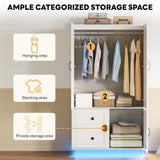 LIKIMIO Farmhouse Wardrobe Closet with Doors, 70" Bedroom Armoires with LED Lights and Hanging Rod, Wooden Large Wardrobe Cabinet with 2 Drawers and 1 Cabinet, Classic White LIKIMIO