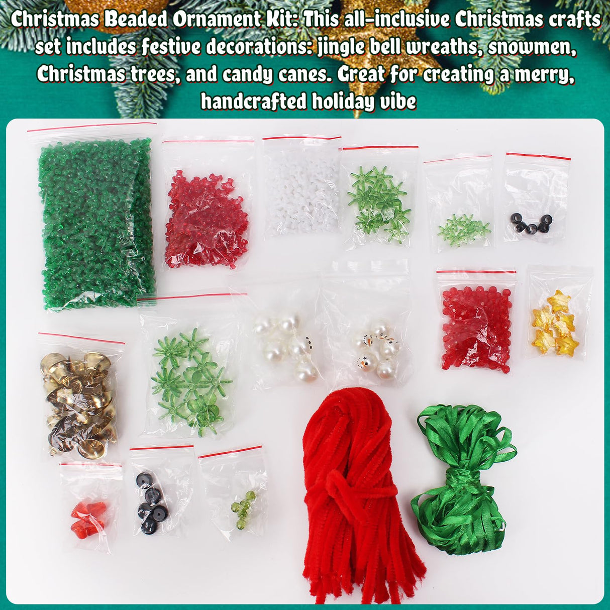 AWHETIE Christmas Crafts for Adults,40 Sets Beaded Ornament Kit,Including 20 Pcs Wreath with Bell/5 Pcs Snowman/5 Pcs Christmas Tree/10 Pcs Candy Cane,Holiday Tree Decorations AWHETIE