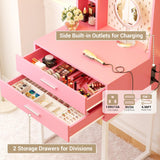 Besiost Small Vanity Desk with Hutch and Drawers, Pink Makeup Vanity Desk with Charging Station, Vanity Table Dressing Table with LED Lights, Vanity Desk No Mirror with Pegboard for Girls Women, 24" Besiost