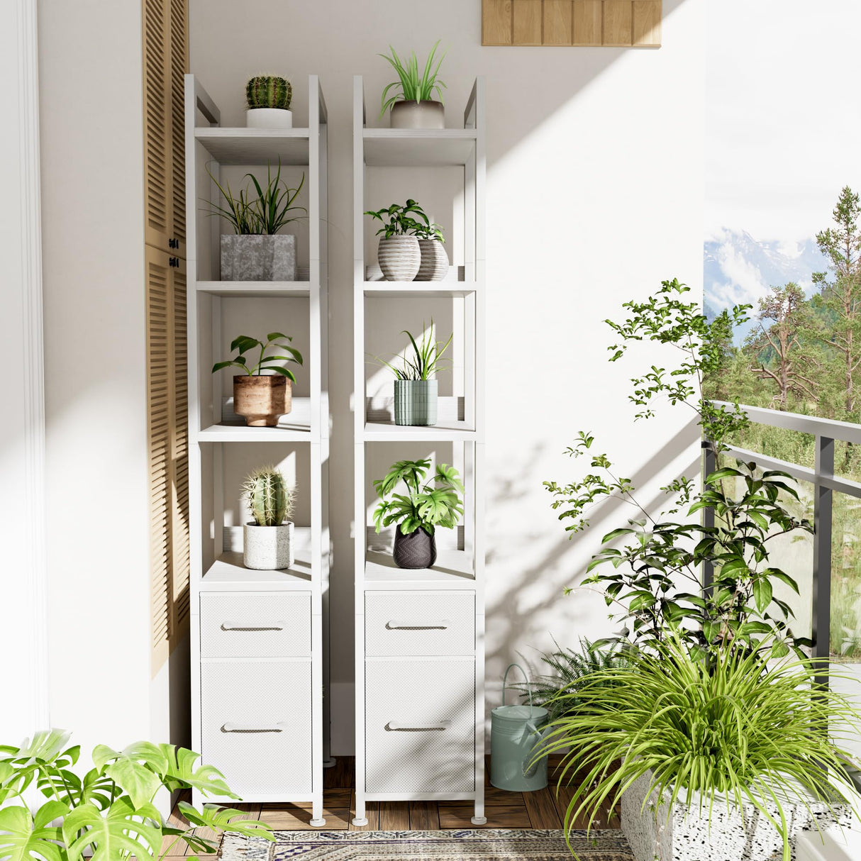 KLUVIS White Narrow Bookshelf with Storage Drawers - 5 Tier Thin Book Shelf for Small Spaces Skinny Shelves Slim Farmhouse 2 Fabric Drawer 60 inch Tall (03W) KLUVIS