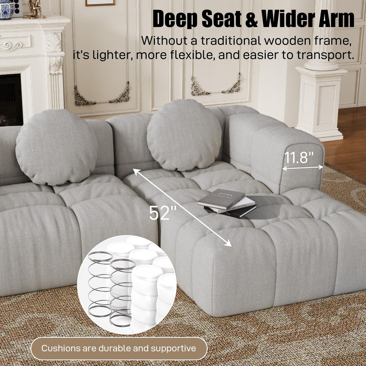 103" Cloud Couch Modular Sectional Sofa, Comfy Chenille Oversized Sectional Sofa with Deep Seat, Upholstered Tufted L Shaped Boneless Couches for Living Room, Right Facing, Off White HYJT-H&K