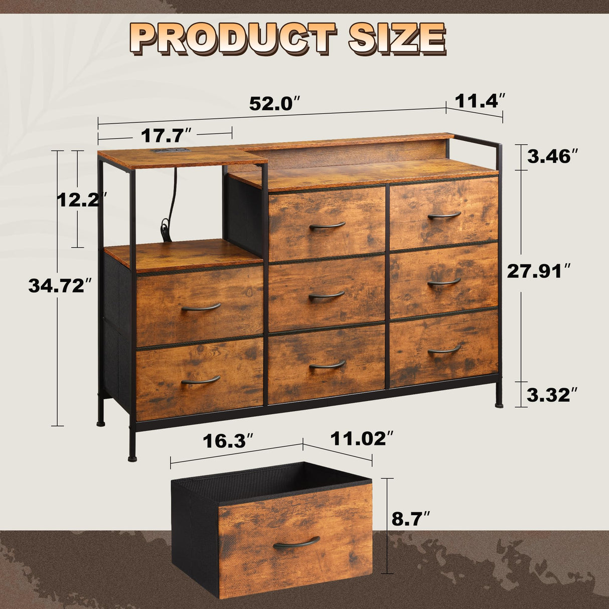 EKNKOZY Dresser with 8 Drawers, Chest of Drawers with LED Lights & Power Outlets, TV Stand Dresser for Bedroom, Wide Fabric Dresser with Shelf for Storage and Organization (Rustic Brown) EKNKOZY