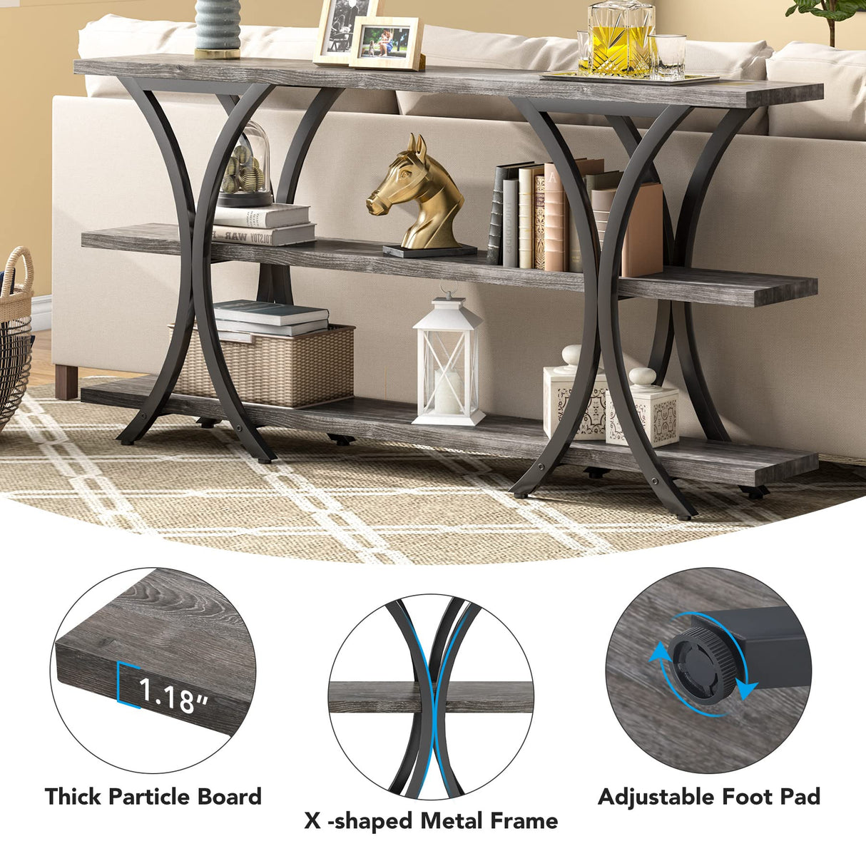 Tribesigns 70.8 Inch Narrow Console Table, Long Sofa Table Entry Table with 3 Tier Storage Shelves for Entryway Hallway Living Room (Gray) Tribesigns