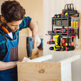 Power Tool Organizer Wall Mount with Charging Station, 4 Layer Storage Rack and Tool Holder for Garage Organization, 6 Drill Holder Wall Mount, 4 Hooks and 6 Outlet Power Strip, Great Men's Gift FULOOPHI
