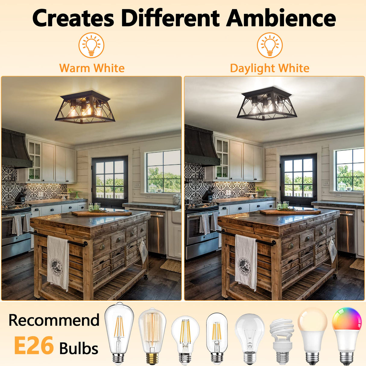 FadimiKoo 4-Light Black Flush Mount Ceiling Light for Kitchen Hallway, Industrial Close to Ceiling Lighting, Farmhouse Square Cage Lamp for Dining Room, Living Room, Bulb Not Included FadimiKoo