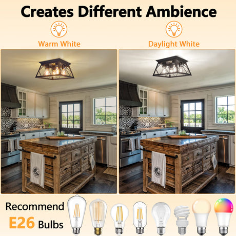 FadimiKoo 4-Light Black Flush Mount Ceiling Light for Kitchen Hallway, Industrial Close to Ceiling Lighting, Farmhouse Square Cage Lamp for Dining Room, Living Room, Bulb Not Included FadimiKoo