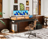 AODK 71 Inch Rustic Brown Office Desk with File Drawers, Power Outlet & LED Lighting AODK