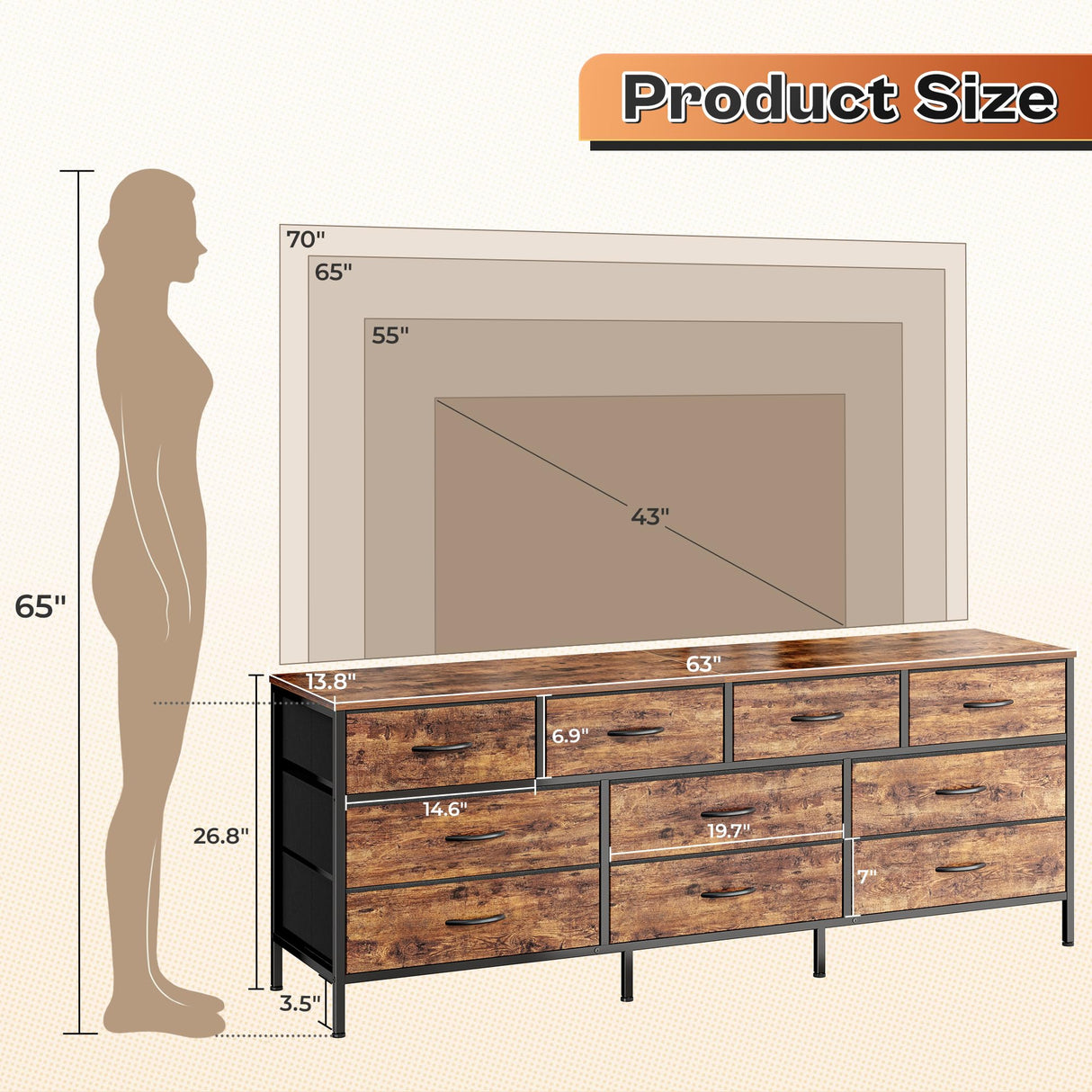 Huuger 63 Inch TV Stand Dresser for Bedroom, Long Dresser with 10 Fabric Drawers, TV Stand for 55, 65, 70 Inch TV, Entertainment Center, Wide Chest of Drawer, Rustic Brown Huuger