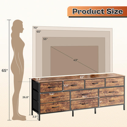 Huuger 63 Inch TV Stand Dresser for Bedroom, Long Dresser with 10 Fabric Drawers, TV Stand for 55, 65, 70 Inch TV, Entertainment Center, Wide Chest of Drawer, Rustic Brown