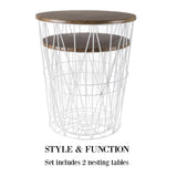 End Tables Set of 2 - Nesting Tables with Removable Wood Tops and Metal Basket Bases for Blanket Storage - Round Side Furniture for Living Room, Bedroom, or Home Office by Lavish Home (Brown/White) Lavish Home