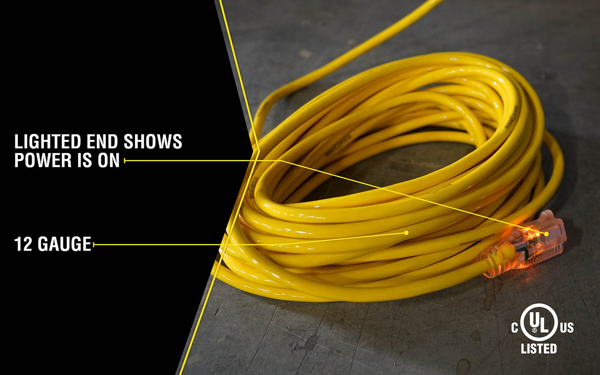 Yellow Jacket Heavy Duty Extension Cord, 50Ft, 12 Gauge, 3 Conductor, Lighted End, Weather Resistant, SJTW, Yellow, 2884 Yellow Jacket