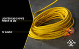 Yellow Jacket Heavy Duty Extension Cord, 50Ft, 12 Gauge, 3 Conductor, Lighted End, Weather Resistant, SJTW, Yellow, 2884 Yellow Jacket