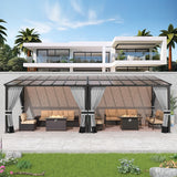 Gotland 10FTx24FT Outdoor Wall-Mounted Hardtop Pergola, Metal Frame Gazebo with Sloping Sun Panel Roof and Double Curtains for Patio, Garden, Lawn, Grey Gotland