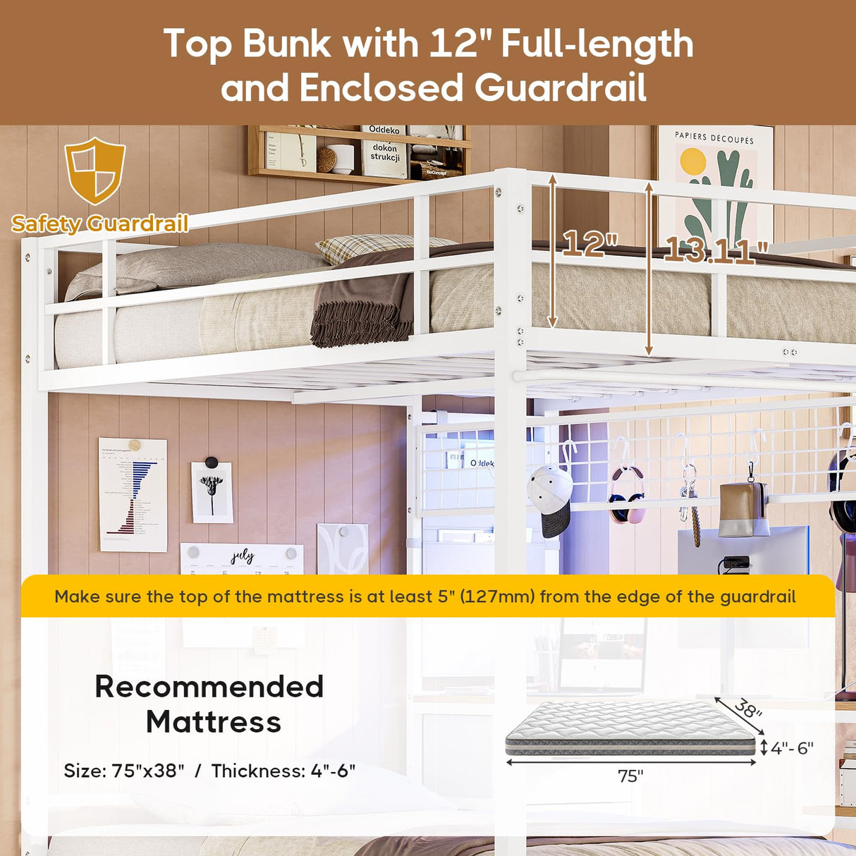 DICTAC Full Over Twin Bunk Bed with Desk and Led Lights Metal Loft Bed Frame with Charging Station,Storage Shelves and Drawers for Teen & Adults,Safety Guard & Ladder,No Box Spring Needed,White DICTAC