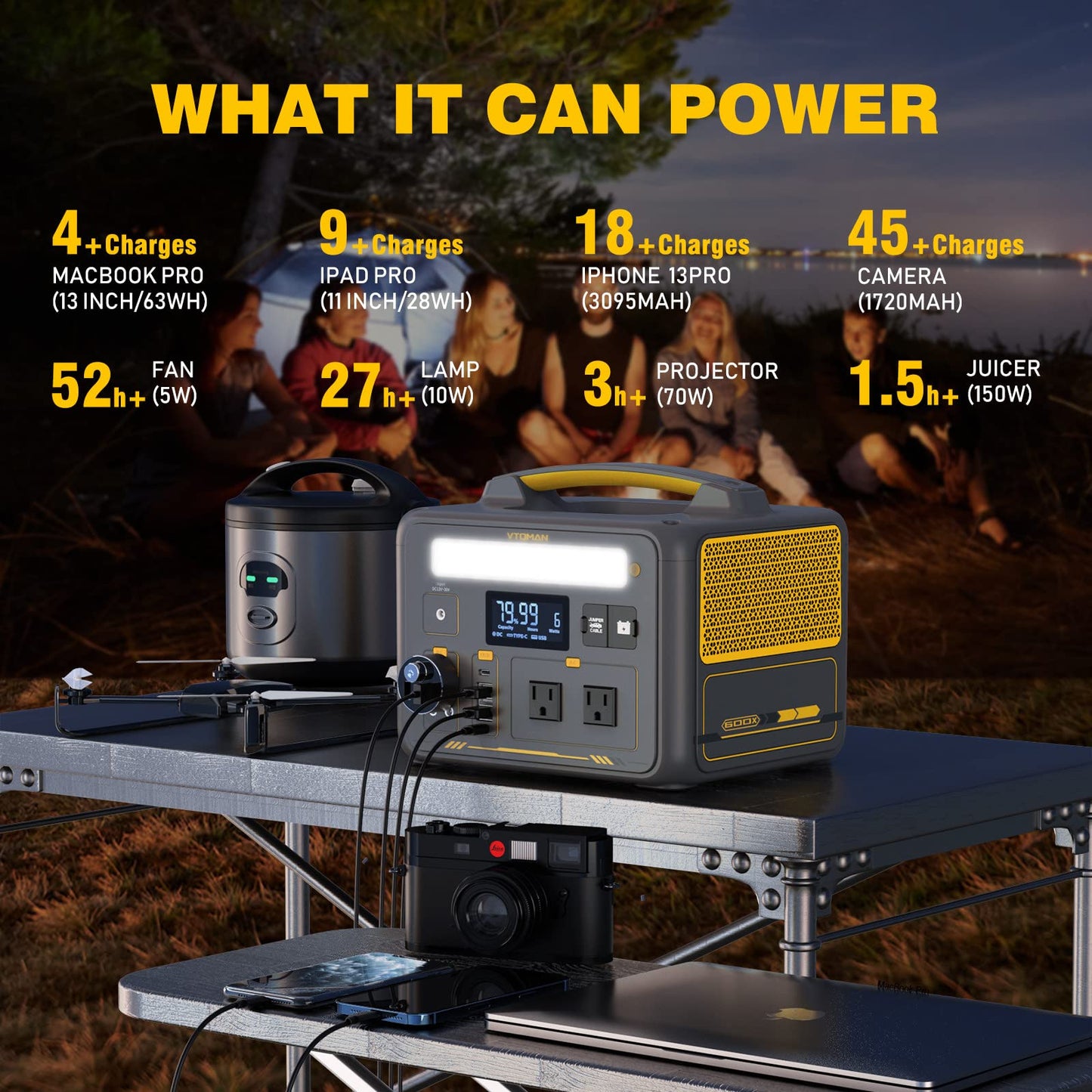 VTOMAN 600W Portable Power Station, LFP Battery Powered Generator with 2x 600W AC Outlets (Surge 1200W), 4x USB ports, 3x DC Output for Outdoor Camping, Vehicle Emergency, Electric Backup