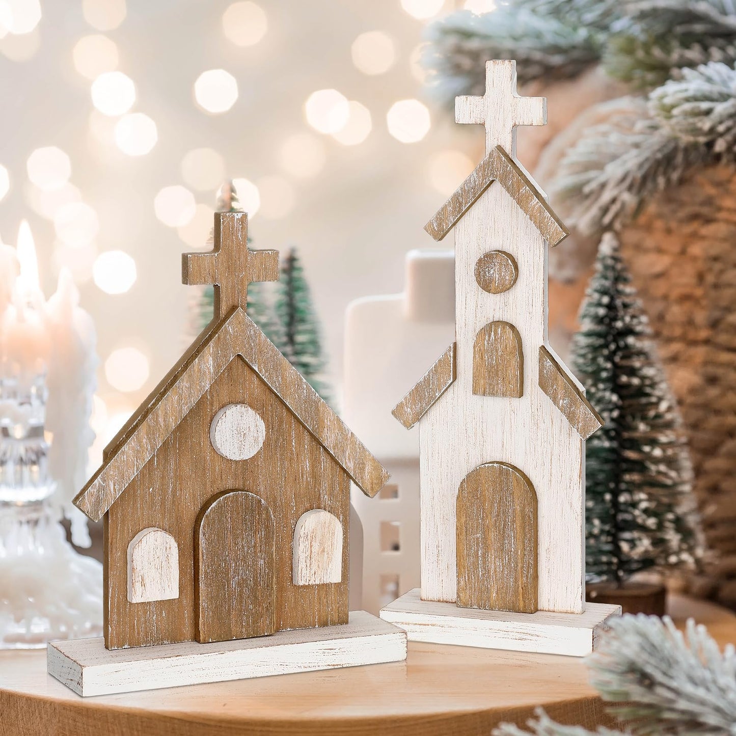 Cinnvoice 3 Pcs Christmas Rustic Wooden Churches Tabletop Decoration Farmhouse Wooden Churches Sign Desk Shelf Ornaments Xmas Wooden Centerpieces Decor for Table Top Fireplace Home Tiered Tray Decor