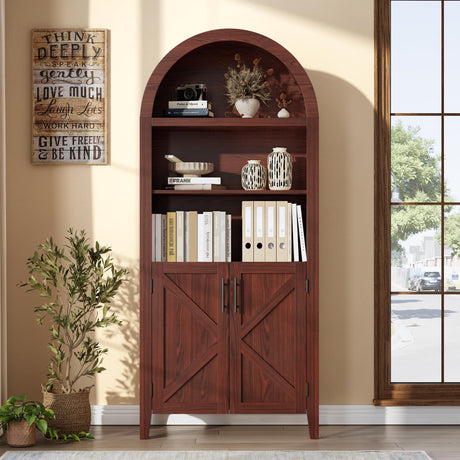 GarveeHome Arched Bookcase with Doors - 5-Tier Open Display Shelf, Modern Bookshelf Storage Cabinet for Home Office Living Room Library, Walnut GarveeHome
