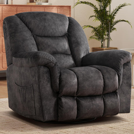 CANMOV Swivel Rocker Recliner, Manual Nursing Recliner with Hidden Switch, Upholstered Plush Seating 360°Swivel Glider Rocking Chair, Comfy Swivel Chair for Living Room, Black CANMOV