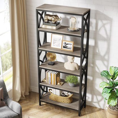 Tribesigns 6-Tier Grey Bookshelf with Metal Frame – Modern Freestanding Storage Unit for Any Room - WoodArtSupply