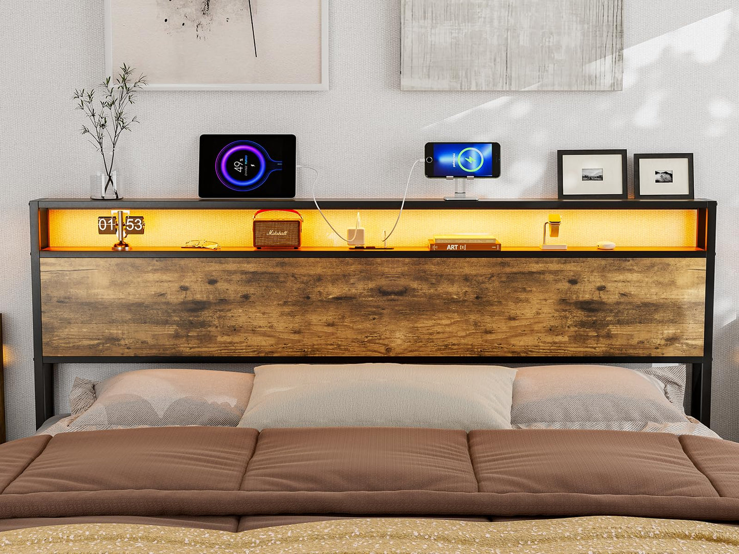 IKIFLY King Size Rustic Brown Storage Headboard with LED Lights & Charging Station - WoodArtSupply