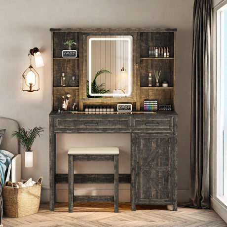 FONTOI Farmhouse Makeup Vanity, 40'' Vanity Table Set with Human Body Sensing LED Lights & 3-in-1 Charging Station, Vanity Desk with Glass Tabletop, Hidden Cabinet & Stool for Bedroom, Vintage Brown FONTOI