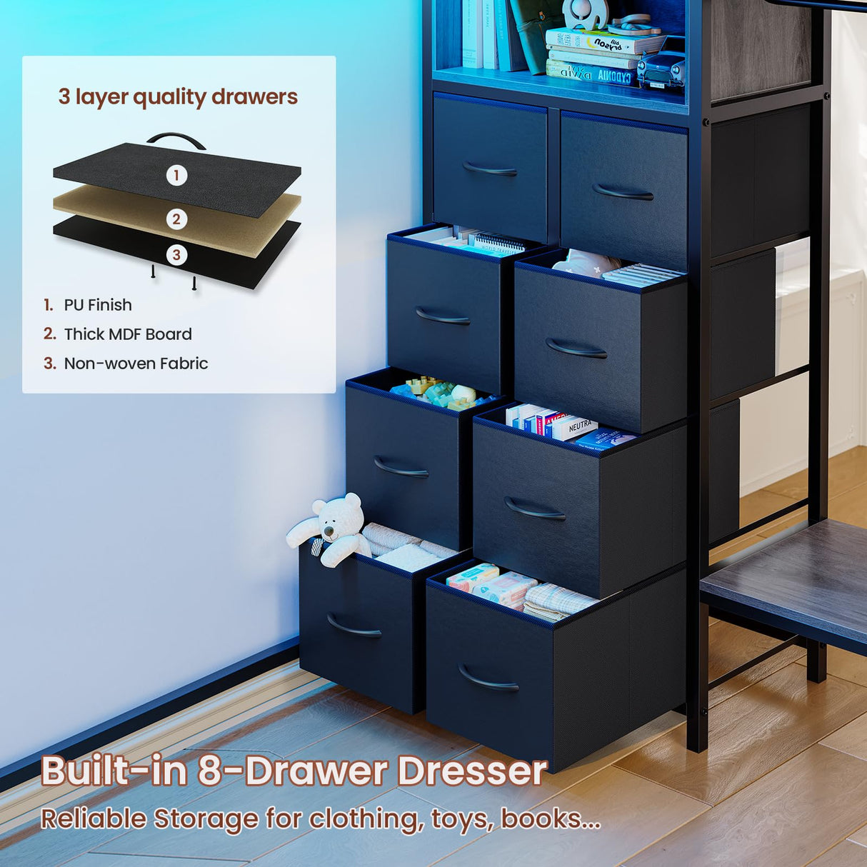 ADORNEVE Loft Bed Twin Size with Desk, 11 Storage Drawers, Metal Kids Loft with RGB Lights, Charging Station, Shelves & Clothing Rack, 13.4" H Safety Guard & Paded Ladder, Black & Grey ADORNEVE