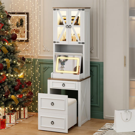 FREDEES Farmhouse Vanity Desk with Mirror,Small Makeup Vanity Set with Customizable Lighting,Compact Makeup Vanity with Hidden Storage and Comfortable Stool,Dressing Table for Bedroom,White FREDEES